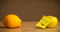 Apple with post-it note looking curiously at lemon