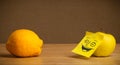 Apple with post-it note smiling at lemon