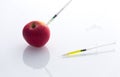 Apple with punched needles and syringes as a concept for modifying food / white background Royalty Free Stock Photo