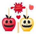 Apple with red and yellow caramel Sweet candy on sticks. Happy Halloween dessert. Vector illustration on white Royalty Free Stock Photo