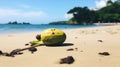 Quirky Visual Storytelling: Green And Brown Fruit On Beach Photo