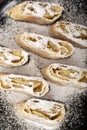 Apple roll with powdered sugar. Close up. Vertical frame Royalty Free Stock Photo