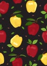 Apple seamless pattern on black background. Red and Yellow apples fruits Royalty Free Stock Photo