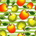 Apple seamless pattern. Hand-drawn apples on a isolated striped background. Watercolor stylization, Vector illustration