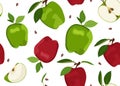 Apple seamless pattern and slice dropping on white background. Red and Green apples fruits Royalty Free Stock Photo