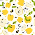 Apple Seamless pattern with worms, bees, fruits. Natural summer colorful background in simple cartoon hand-drawn style. Funny Royalty Free Stock Photo