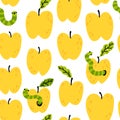 Apple Seamless pattern with worms and fruits. Natural childish summer colorful background in simple cartoon hand-drawn style. Royalty Free Stock Photo