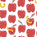 Apple Seamless pattern with worms and fruits. Natural childish summer colorful background in simple cartoon hand-drawn style. Royalty Free Stock Photo