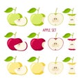 Apple set. Flat icon red, yellow, green Apple fruit with leaf. Whole, bitten, cut, core. Farmer Market Logo. Organic Royalty Free Stock Photo