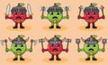 Cute cartoon of Apple fruit knight dual weapon set hand up. Royalty Free Stock Photo