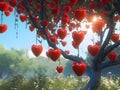 Apple-shaped red hearts hanging on tree branches. Heart as a symbol of affection and Royalty Free Stock Photo