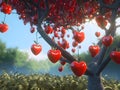 Apple-shaped red hearts hanging on tree branches. Heart as a symbol of affection and Royalty Free Stock Photo