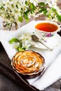 Apple shaped roses pie and cup of tea on the serving tray Royalty Free Stock Photo