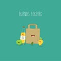 Apple sider olives lemon paper bag friends forever. Vector illustration