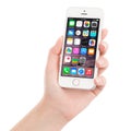 Apple Silver iPhone 5S displaying iOS 8 in female hand, designed Royalty Free Stock Photo