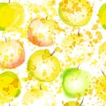 Apple slice seamless pattern with splashes. Summer apples watercolored hand draw art background. Fresh fruit repeatable Royalty Free Stock Photo