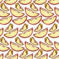 Apple slices seamless pattern. Vector background malic cut fruits with for design label juice, jam or tea packaging or