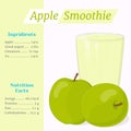 Apple smoothie recipe. Menu element for cafe or restaurant with ingridients and nutrition facts in cartoon style. For
