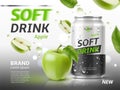 Apple soda in can banner. Realistic aluminium container with fruit sparkling water. Advertisement poster. Soft drink