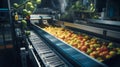 an apple sorting machine in a factory. The machine is sorting green, red, and yellow apples moving along a conveyor belt for Royalty Free Stock Photo