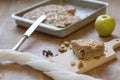 Apple sponge cake, walnuts, flour, sugar, oil and raisins.