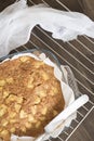 Apple sponge cake, walnuts, flour, sugar, oil and raisins.