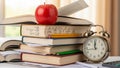 Apple On Stack Books With Pencils And Alarm Clock - Back To School Royalty Free Stock Photo