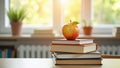 Apple on Stack of Books with Window Background Royalty Free Stock Photo