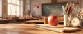 The apple and stationery on a desk in a vibrant classroom setting..AI generated image Royalty Free Stock Photo