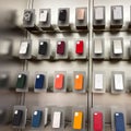 An Apple store display of colorful iPhone cases