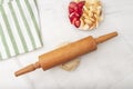 Apple strawberry pie, top view side border against a rustic wood background with copy space. Autumn food concept. Step Royalty Free Stock Photo