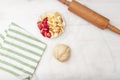 Apple strawberry pie, top view side border against a rustic wood background with copy space. Autumn food concept. Step Royalty Free Stock Photo