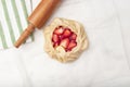 Apple strawberry pie, top view side border against a rustic wood background with copy space. Autumn food concept. Step Royalty Free Stock Photo