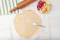 Apple strawberry pie, top view side border against a rustic wood background with copy space. Autumn food concept. Step Royalty Free Stock Photo