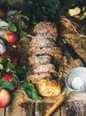 Apple strudel cake with cinnamon, sugar powder and fresh apples