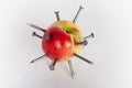 Apple stuck with iron nails Royalty Free Stock Photo