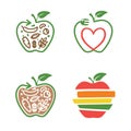 Apple symbol with arrow line and leaf, fork, heart, vegetarian food set