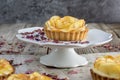 Apple tartelette on a white plate with caramel glaze