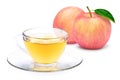 Apple cider tea and fresh ripe pink red apple fruit isolated on white.