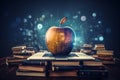 Apple on top of a pile of books, technology and education concept. Ai generated