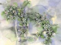 Apple tree branches bloom in a glass vase watercolor background Royalty Free Stock Photo