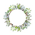 Apple tree floral round frame. Delicate design for wedding white flowers, green leaves and branches. Colorful objects Royalty Free Stock Photo