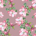 Branch Flowers Apple. Handiwork Watercolor Seamless Pattern on a Violet Background.