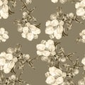 Monochrome Flowers Apple. Handiwork Watercolor Seamless Pattern on a Brown Background.