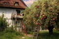 apple tree with ladder and harvest basket nearby Royalty Free Stock Photo