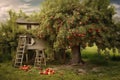 apple tree with ladder and harvest basket nearby Royalty Free Stock Photo