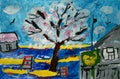 Apple tree in a village painted by child