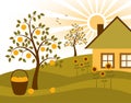 Apple trees, sunflowers and cottage