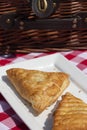 Apple turnover on a white plate, with a wicker picnic basket,  outdoors in sunshine. on a gingham cloth. Royalty Free Stock Photo