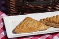 Apple turnover on a white plate, with a wicker picnic basket,  outdoors in sunshine. on a gingham cloth. Royalty Free Stock Photo